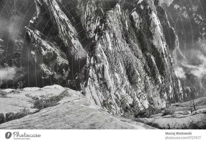 Black and white photo of Huashan National Park mountain landscape, China. nature Asia valley canyon travel park beautiful Mount Hua scenic wilderness rock