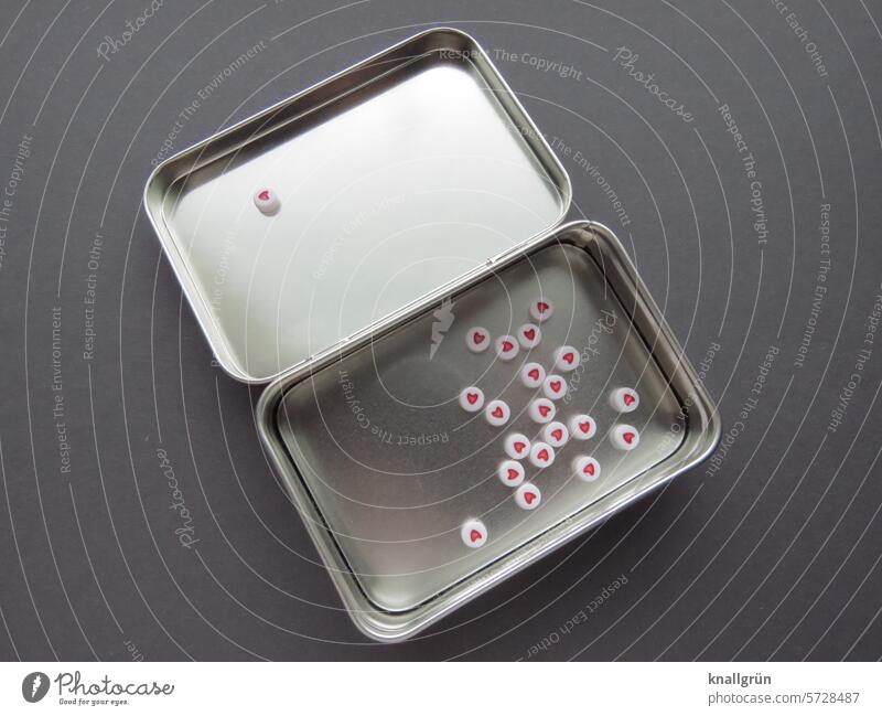 treasure box Heart Love Tin Romance Red Emotions red heart Metal metal can Colour photo heart-shaped Symbols and metaphors Silver grey background Sign Sympathy
