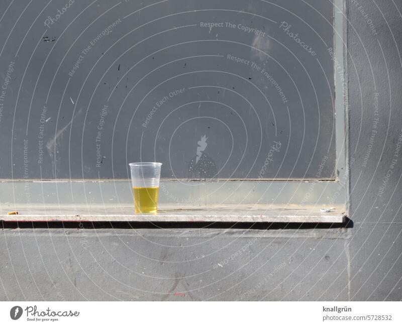 Half empty or half full Beverage Window board Plastic cup Drinking Mug half-empty Full Beer Apple juice Colour photo Deserted Thirst Alcoholic drinks Cold drink