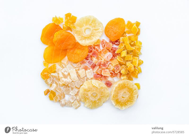 Dried fruit on white background apricot assorted assortment closeup cuisine dehydrated dehydrated fruit delicious dessert detail diet dried dried apricot