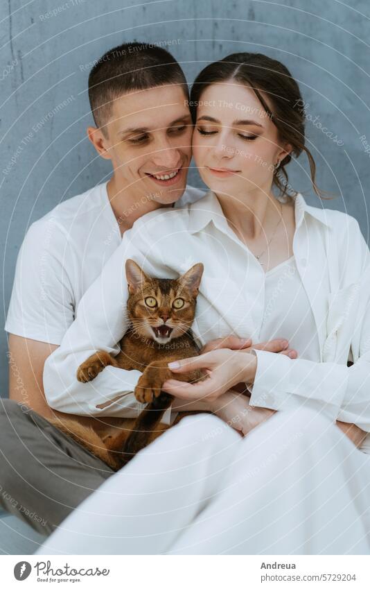 young couple guy and girl in a bright room playing with pets brick brown cat corner ears friend gray grey light man's friend nose pink smooth tail teeth three