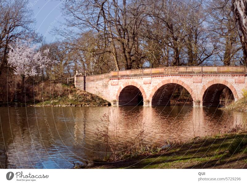 Romantic pedestrian bridge made of red stone - the transition to spring Bridge Stone Red Sandstone Pedestrian bicycle bridge Bicycle Spring daylight Water Lake