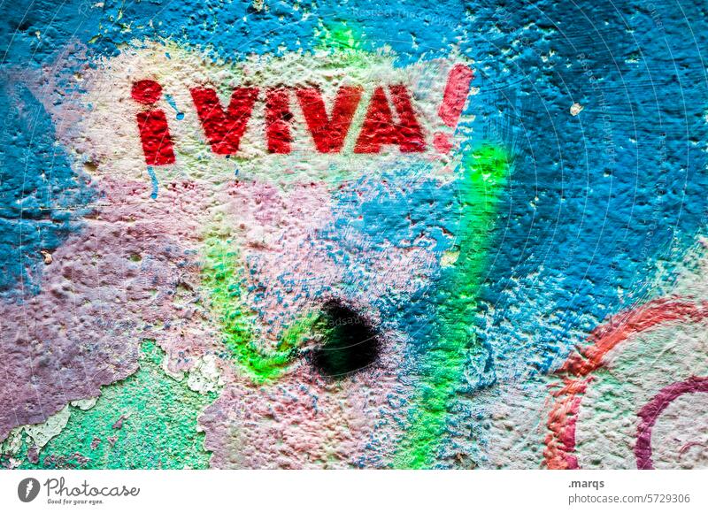 ¡VIVA! Wall (building) Graffiti Life Joy viva Spanish Enthusiasm Positive Success Characters Wall (barrier) Close-up Plaster Street art hooray variegated Colour