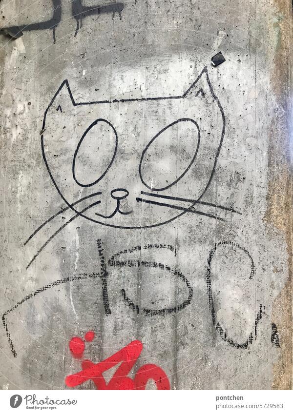 Street art. A drawn cat and graffiti on a concrete wall. Drawing Graffiti smearing Youth culture forbidden Cat Gray Red Concrete wall kind Face Animal