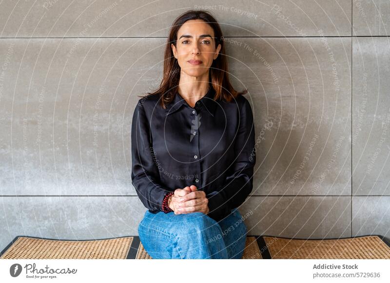 Confident woman entrepreneur sitting and looking at camera confidence businesswoman leader professional female indoor casual black shirt jeans concrete wall