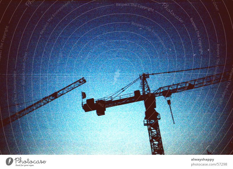Crane 01 Construction site Dark Threat Holga Blur Pixel Grainy Sky Cross processing Vintage blue threatening. lomo toycamera plasticcamera