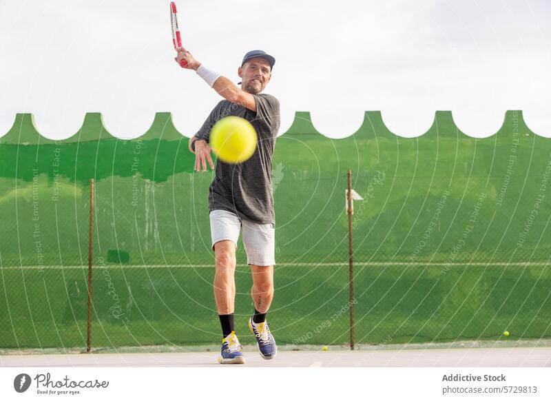 Man playing tennis on outdoor court looking away man sport active action hitting ball sportswear tennis racket tennis ball game athletic exercise hobby leisure