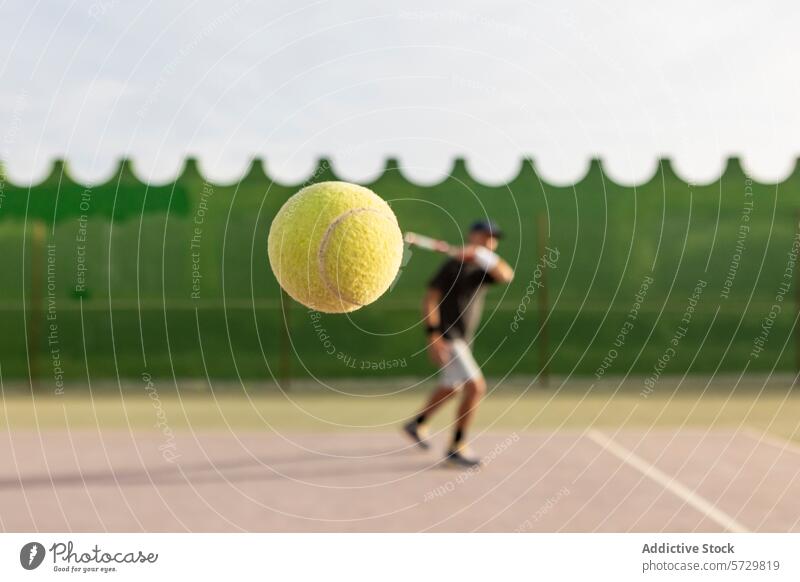 Tennis player hitting ball with backhand stroke tennis action sport racket court net game focus blurred background athletic motion male equipment competitive