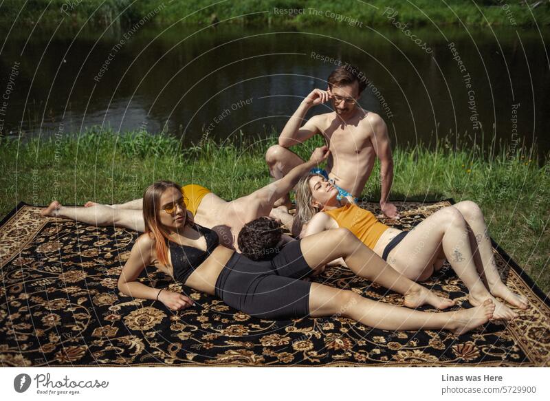 A group of wild and beautiful individuals is delighting in the lush banks of the river, having a picnic and basking in the sun. These lovely people, seated on a blanket, are harmoniously interacting with each other, as it should be.