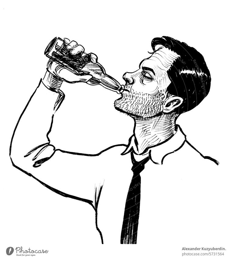 Alcoholic man drinking a bottle of beer. Hand drawn retro styled ink black and white illustration alcoholic alcoholicm intoxicated wine male character cartoon