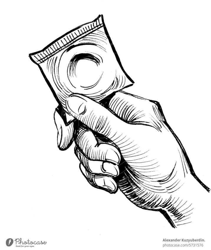 Hand holding a condom. Hand drawn ink black and white illustration hand sex safe protection art artwork drawing sketch