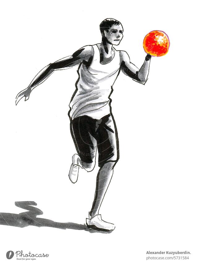 Basketball player with a ball. Hand drawn ink and watercolor sketch basketball playing sport game match man sportsman athlete art artwork drawing