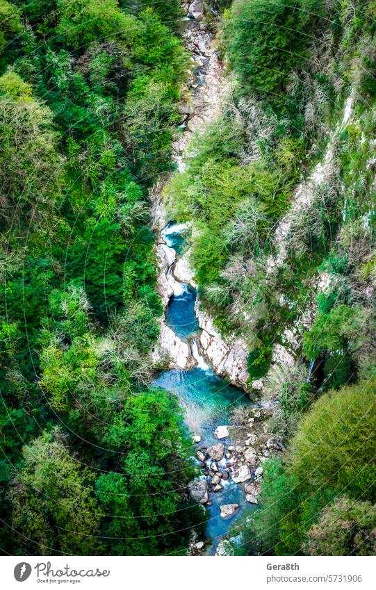 aerial view of mountain canyon with river and forest in Georgia Georgia country autumn blue bright climate coast colored driven stream fresh gorge green high
