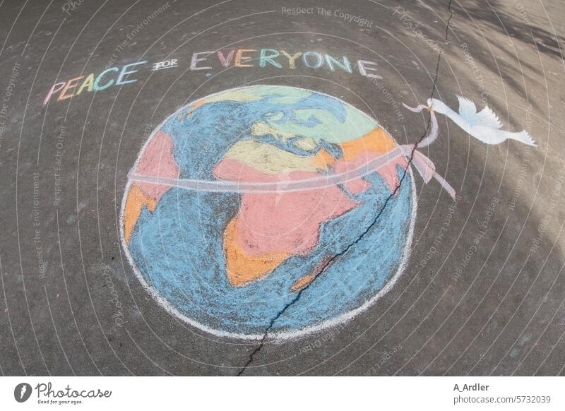 Peace for all, Earth with dove of peace on a street, Painting with colored chalk Characters War Solidarity Conflict Peace Declaration Variety peace offer
