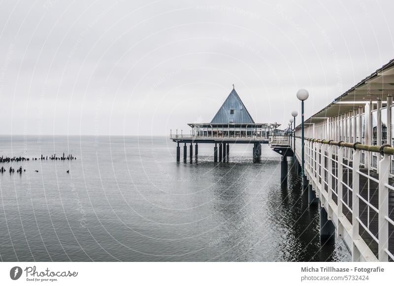 Heringsdorf pier (Usedom island) in cloudy weather Sea bridge Island Usedom Baltic Sea Bridge chill Manmade structures rail piers Tourism Ocean coast Water