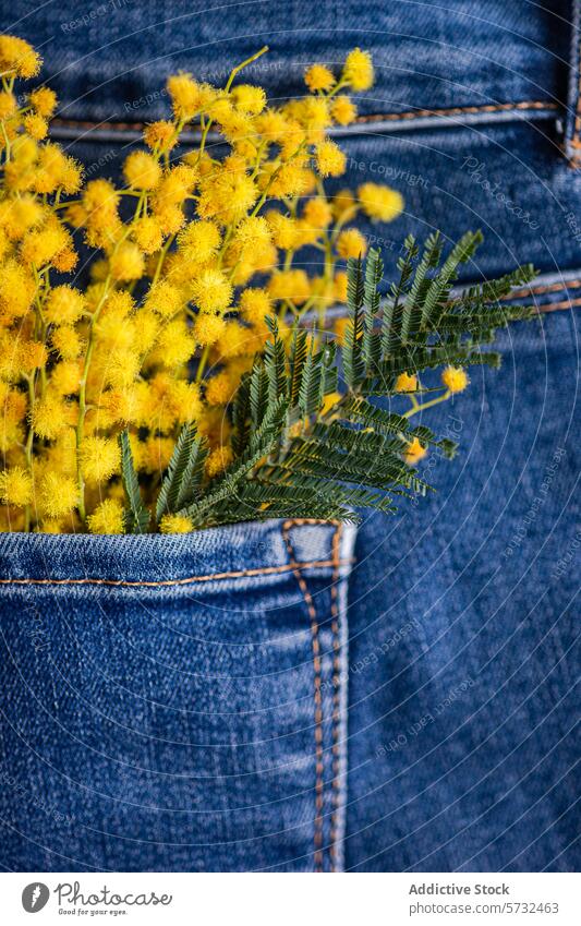 Mimosa flowers tucked in denim pocket mimosa yellow green leaves vibrant contrast fabric textile jeans bright close-up flora fashion style spring decoration