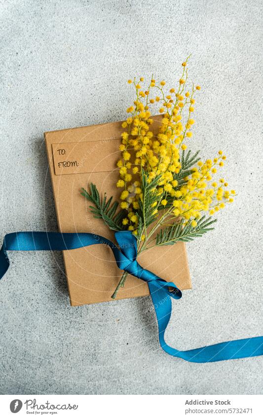Elegant gift box adorned with mimosa flowers and ribbon blue satin kraft paper vibrant yellow textured background grey charming elegant adornment packaging
