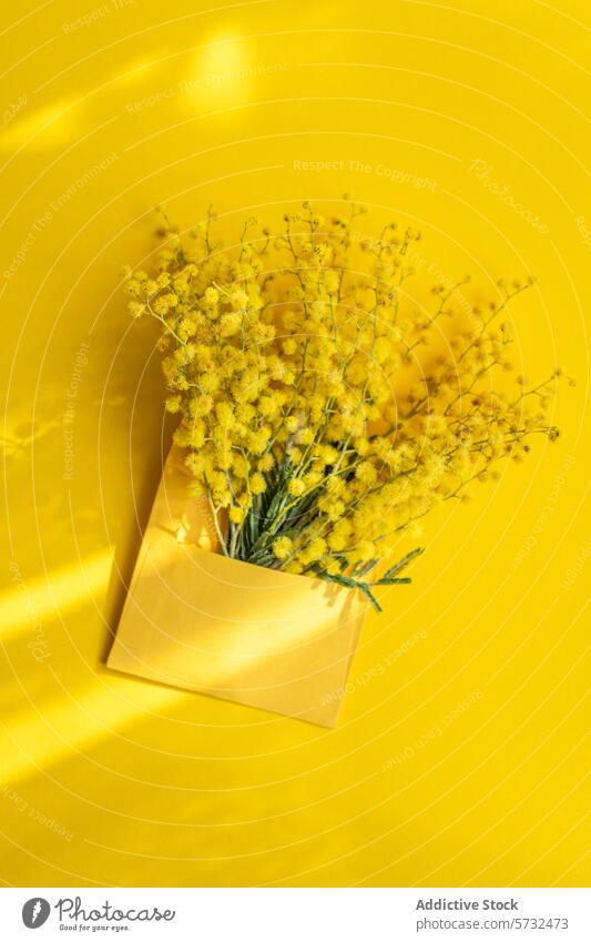 Vibrant Mimosa Flowers in Golden Envelope on Yellow Background mimosa flower golden envelope yellow background bright vibrant spring warmth botanical floral