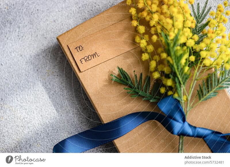 Elegant Gift Package with Mimosa Flowers Decoration gift package wrapping brown paper blue ribbon yellow mimosa flowers blank tag personalization craft present