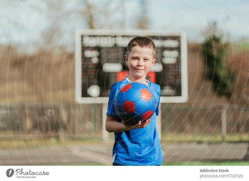 Confident Young Footballer Holding a Ball boy football soccer young sport smiling confident field blue jersey holding proud player scoreboard background outdoor