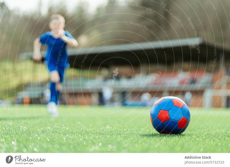 Youth soccer player approaching the ball on field sport youth young activity running motion blurry dynamic green grass outdoor game football athlete child