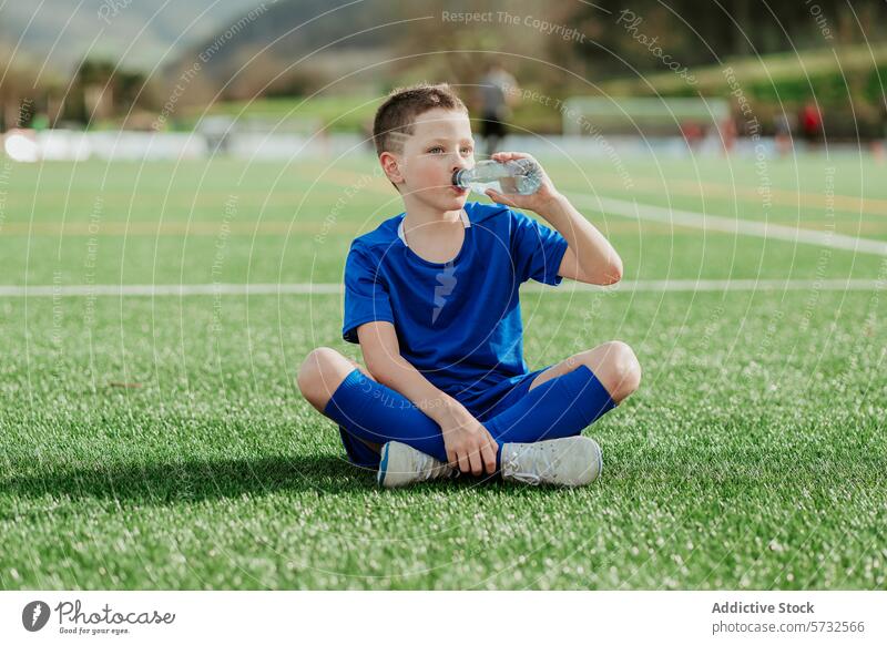 Boy soccer player hydrating during break boy water sitting turf field sport blue uniform drink rest young athlete healthy hydration refreshment pause active