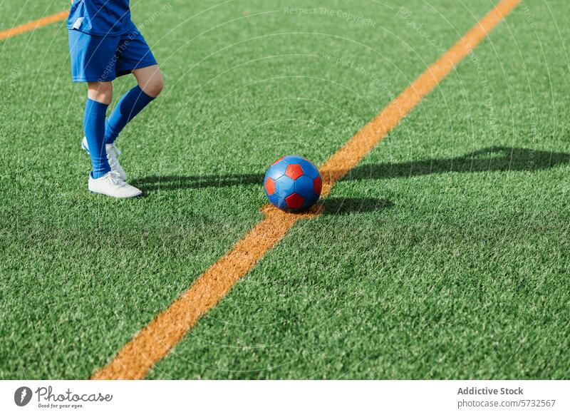 Soccer player standing next to ball on field line soccer turf green sport football grass artificial cropped blue colorful gear footwear cleat shadow outdoor
