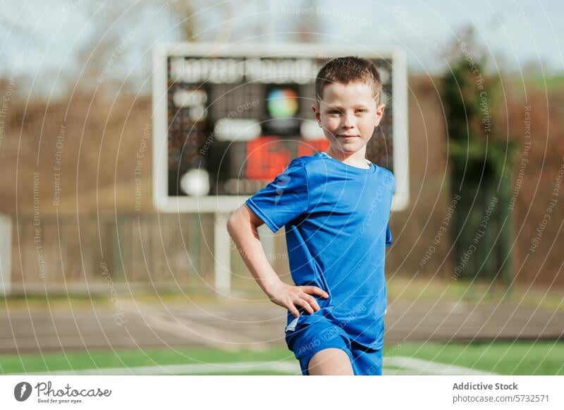 Young boy in soccer kit posing on a football field young uniform blue sport child confident pose standing outdoor score board grass athletic active leisure