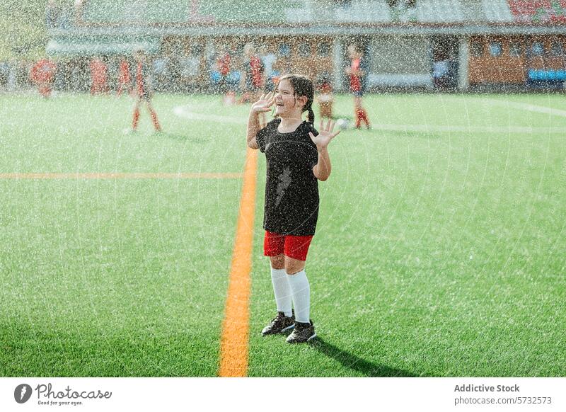 Young soccer player enjoying rain on field young girl sport happiness refreshing cooling summer leisure fun outdoor activity grass pitch soccer attire wet