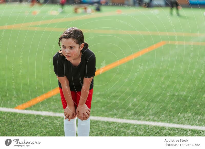 Young female athlete resting on a soccer field girl break practice focused young vibrant green sport outdoor youth active recreation health wellness
