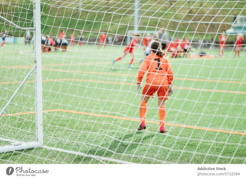 Young goalkeeper waiting in goal during a soccer match young player orange uniform gloves green turf field sport youth artificial attentiveness standing