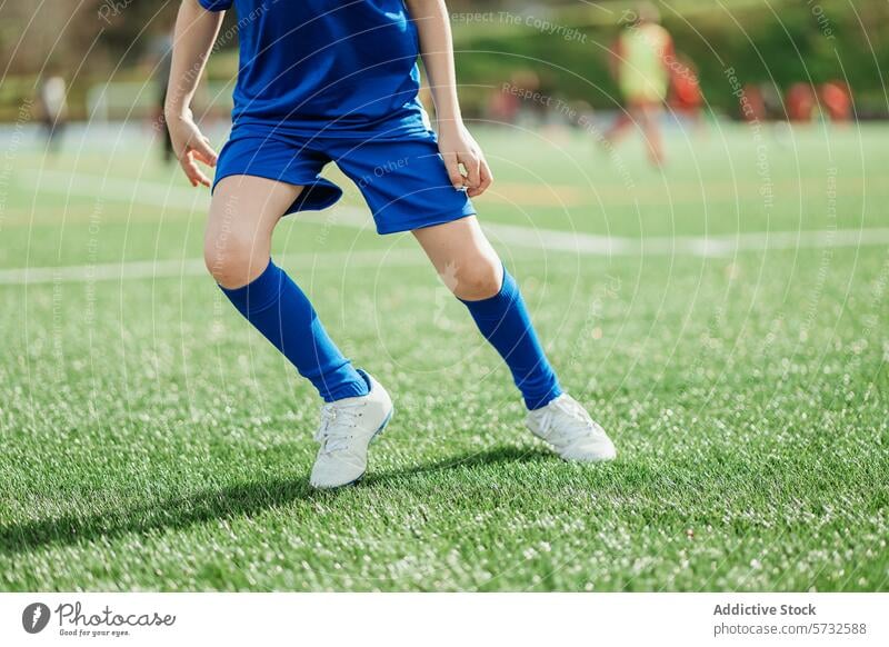 Close-up of a soccer player's legs on the field sport grass close-up blue uniform detail grassy outdoor athletic athlete footwear shoe sock shin guard