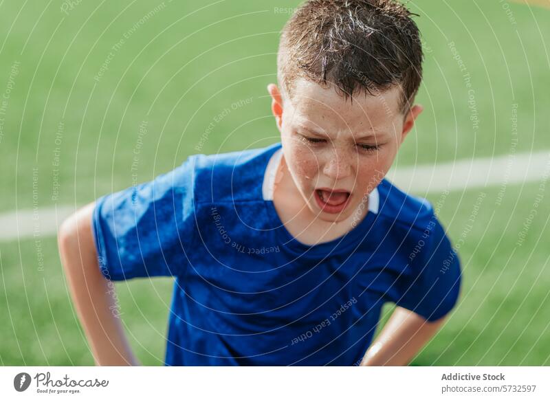 Young boy showing determination on sports field sweat blue shirt youth athletic competition energy intensity effort perseverance summer outdoor child active