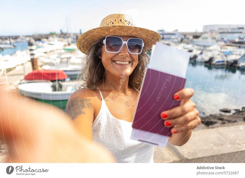 Happy woman enjoying weekend getaway at the marina female cheerful passport travel sunglasses hat straw hat vacation smile boat summer leisure holiday sea