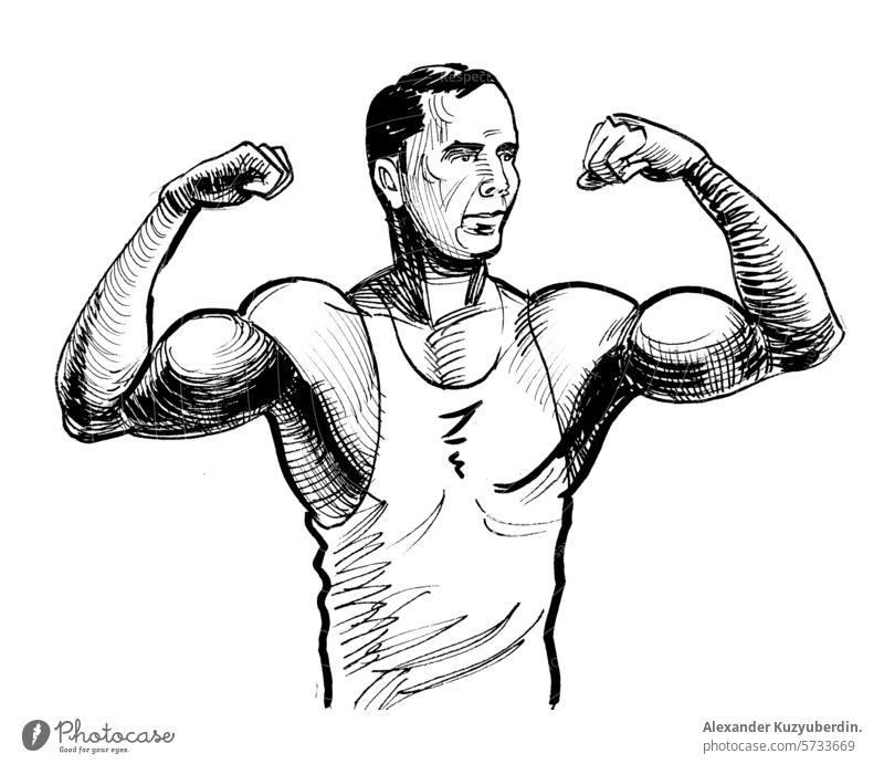 Strong man flexing biceps. Hand drawn retro styled illustration hands athlete bodybuilding bodybuilder sport gym muscles male art artwork drawing sketch