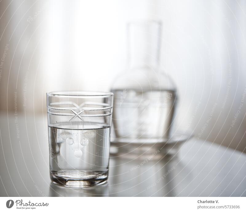 Clear, cold water | cut glass with water in the foreground, blurred glass carafe in the background Glass Carafe Glass carafe Beverage Water Fluid Tumbler