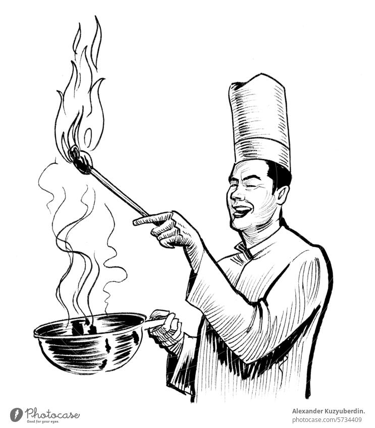 Asian restaurant chef cooking meal. Hand drawn retro styled illustration asian cuisine restaraunt professional vintage art artwork drawing sketch