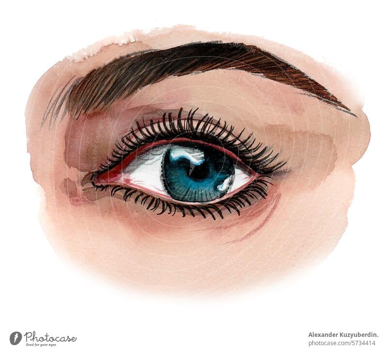 Beautiful blue eye. Ink and watercolor drawing vision beautiful iris pupil lashes skin art artwork sketch painting