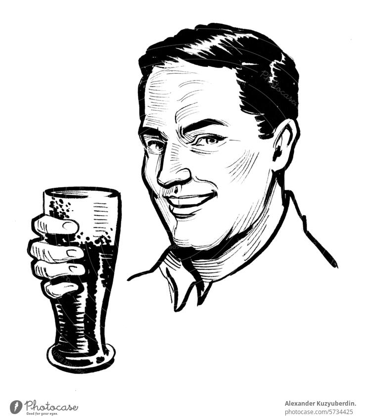 Happy man drinking a glass of beer. Hand drawn retro styled illustration alcohol character male person vintage face portrait