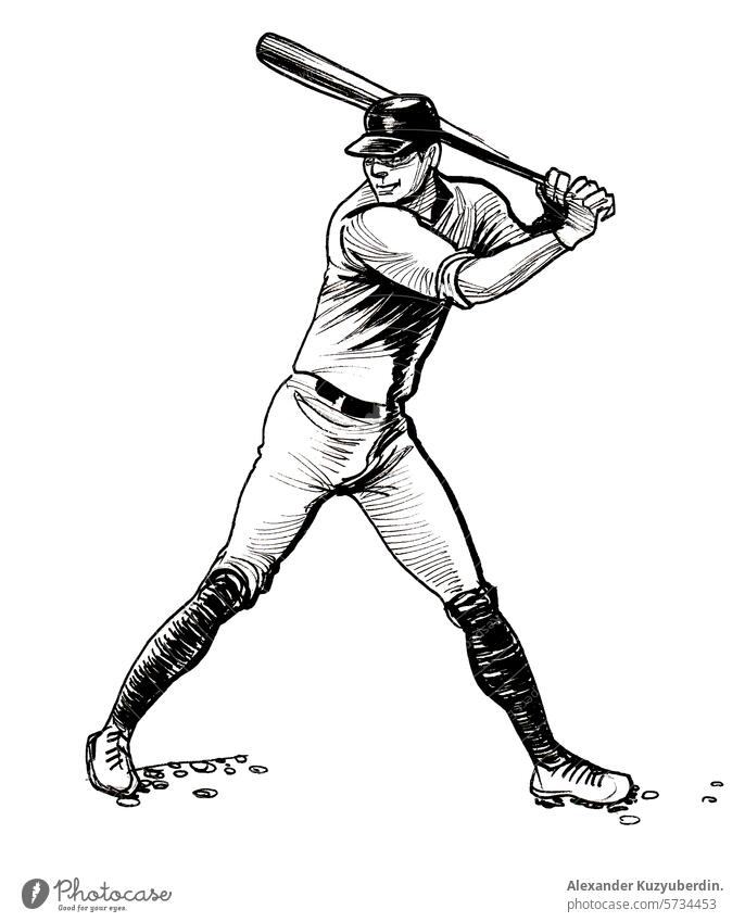 Baseball player. Hand drawn retro styled illustration baseball sport sportsman athlete game art artwork drawing sketch ink black and white