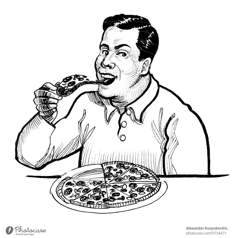 Man eating pizza. Hand drawn retro styled illustration man male character cartoon drawing sketch vintage