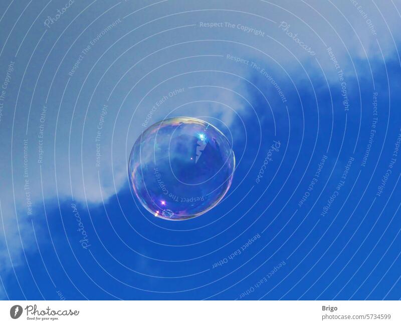 A soap bubble in the blue sky Soap bubble Sky Blue Joy Blow Air Hover Easy Playing Bubble Flying Transparent Ease Airy Dream Infancy Transience Fragile Happy