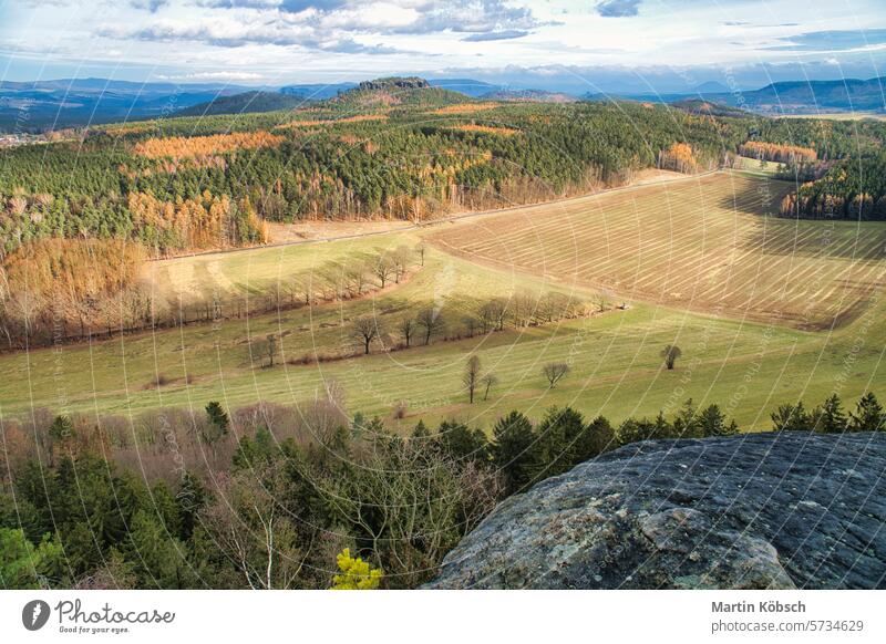 View from the Pfaffenstein. Forests, mountains, fields, vastness, panorama. sky peak forest sandstone summit view hike hill saxony cloud green landscape cliff