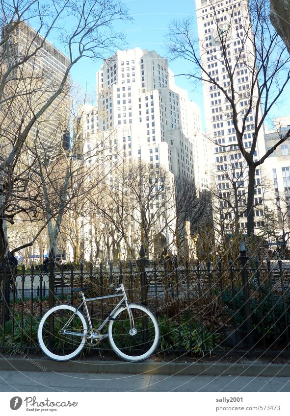 NYC bike tour New York City USA Americas Downtown Skyline Deserted High-rise Building Facade Cycling Sidewalk Bicycle Movement Discover Driving Stand Wait
