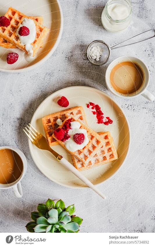 Fresh waffles with yogurt and raspberries on two plates. Top view. Waffle Raspberry Breakfast Yoghurt Coffee Cup Plate Table baked Ready to serve Morning