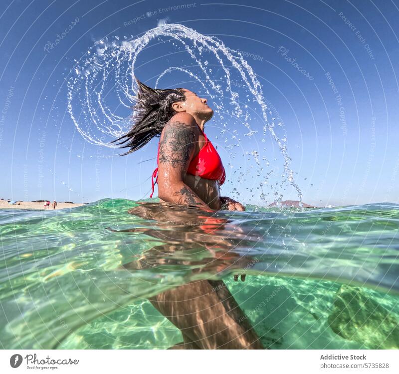 Joyful summer moment in crystal clear water splash turquoise refreshing sunny day essence vibe woman enjoy underwater swim sea ocean holiday vacation leisure