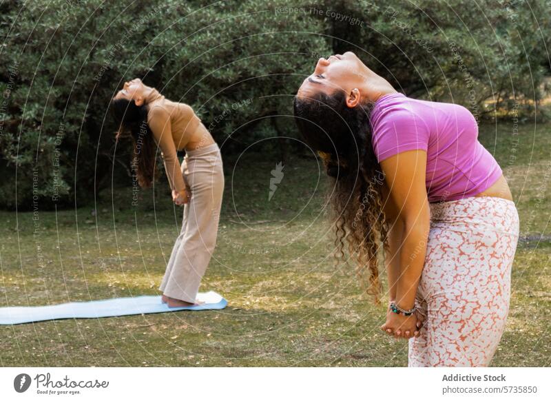Two women perform synchronized backbend yoga poses, enhancing their flexibility in the calming embrace of the outdoors nature tranquility mat health fitness