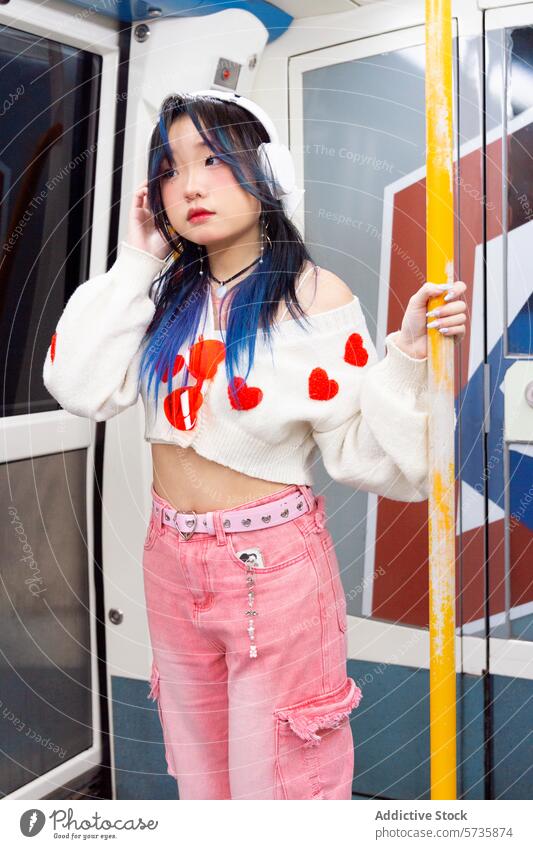 Trendy Gen-Z chinese girl with blue hair in urban setting gen-z fashion style headphones subway youth trendy edgy cropped sweater pink jeans distressed denim