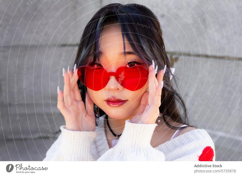 Gen-Z chinese girl with trendy heart-shaped sunglasses gen-z model fashion style contemporary young adult female portrait streetwear pose vibrant cool urban