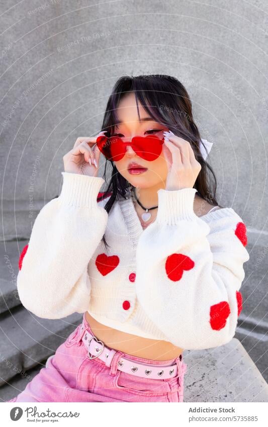 Fashionable Gen-Z girl with heart-shaped sunglasses chinese gen-z young woman model fashion trendy cardigan motif casual style cool youth modern streetwear chic